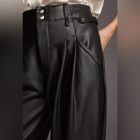 Anthropologie Maeve Faux Leather Black High-Waisted Taper Trousers Size 6 - Picture 5 of 11